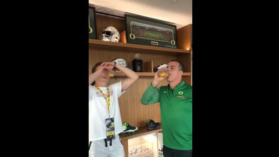 Video: Mario Cristobal and his latest Oregon commit celebrate by drinking an interesting concoction (recruiting)