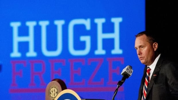 Hugh Freeze SEC media days podium