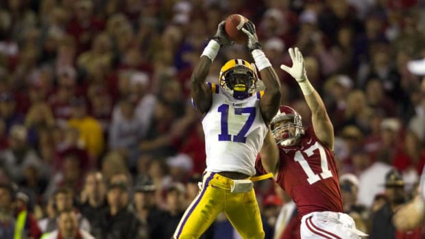 Immaculate Interception LSU Tigers defender Morris Claiborne (17) out jumps Alabama WR Brad Smelley (17) to grab an interception during the second half of their SEC showdown at Bryant-Denny Stadium in Tuscaloosa, Alabama. Damian Strohmeyer 004