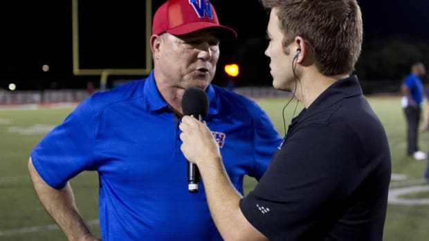 Head coach Todd Dodge is interviewed after westlake's narrow defeat 19-13.