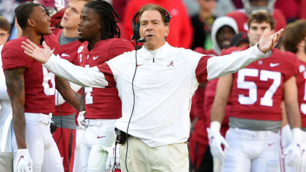 Nov 9, 2019; Tuscaloosa, AL, USA; Alabama Crimson Tide head coach Nick Saban reacts to an officials spot of the ball on a 4th down play during the second quarter against the LSU Tigers at Bryant-Denny Stadium. Mandatory Credit: John David Mercer-USA TODAY Sports