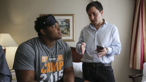 KNOXVILLE,TN - AUGUST 07, 2015 -  offensive lineman Jashon Robertson #73 of the Tennessee Volunteers working with a Sports Science Sleep Coach in a sleep study for the players in Knoxville, TN. Photo By Donald Page/Tennessee Athletics