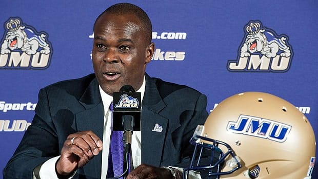 James Madison's new football coach, Everett Withers, speaks during a news conference at which he was officially introduced, Tuesday, Jan 7, 2014, in Harrisonburg, Va. Withers as defensive coordinator at Ohio State. (AP Photo/Daily News-Record, Jason Lenhart)