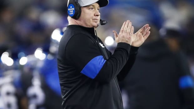 Kentucky Wildcats head coach Mark Stoops  reacts during a game against the Tennessee Volunteers at Kroger Field in Lexington, Ky., Saturday, Nov. 9, 2019.
