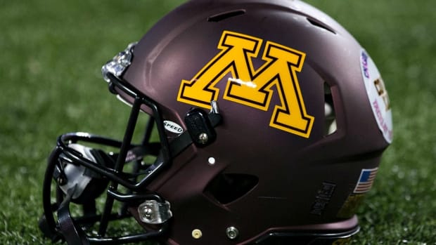Nov 7, 2015; Columbus, OH, USA; A Minnesota Golden Gophers helmet sits on the sidelines before the game against the Ohio State Buckeyes at Ohio Stadium. Mandatory Credit: Greg Bartram-USA TODAY Sports