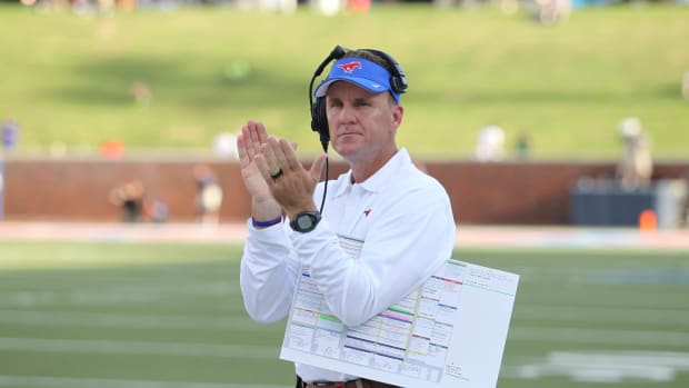 September 4, 2015: SMU Mustangs head coach Chad Morris watches after his teams first touchdown of the year against the Baylor Bears at Ford Stadium.