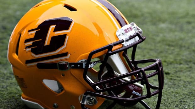 Oct 15, 2016; DeKalb, IL, USA; A detailed view of a Central Michigan Chippewas helmet before the game against the Northern Illinois Huskies at Huskie Stadium. Mandatory Credit: Mike DiNovo-USA TODAY Sports