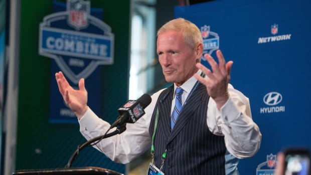Feb 27, 2016; Indianapolis, IN, USA; Draft analyst Mike Mayock speaks to the media during the 2016 NFL Scouting Combine at Lucas Oil Stadium. Mandatory Credit: Trevor Ruszkowski-USA TODAY Sports  ORG XMIT: USATSI-264590 ORIG FILE ID:  20160227_szo_br2_256.JPG