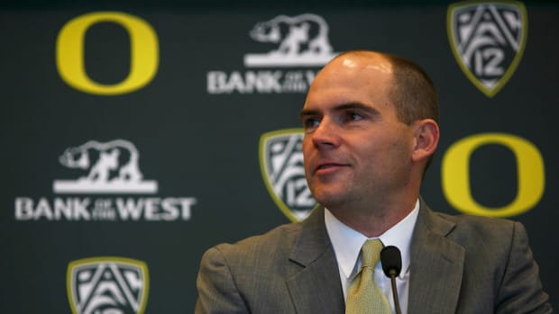 A press conference was held for Mark Helfrich introduction as the new head coach for Oregon's football team. Helfrich was the offensive coordinator under Chip Kelly. (Mason Trinca/Emerald)