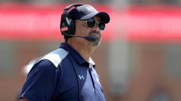 Howard head coach Ron Prince looks on during the first half of an NCAA college football game against Maryland, Saturday, Aug. 31, 2019, in College Park, Md. (AP Photo/Julio Cortez)