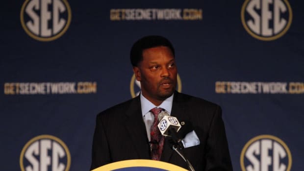 Texas A&amp;M Coach Kevin Sumlin speaks to media at the Southeastern Conference NCAA college football media days on Tuesday, July 15, 2014, in Hoover, Ala. (AP Photo/Butch Dill)  ORG XMIT: otkbd326