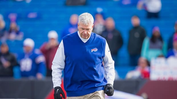 ORCHARD PARK, NY - DECEMBER 06:  Head coach Rex Ryan of the Buffalo Bills enters the field to watch warm ups before the game against the Houston Texans on December 6, 2015 at Ralph Wilson Stadium in Orchard Park, New York.  Buffalo defeats Houston 30-21.  (Photo by Brett Carlsen/Getty Images)