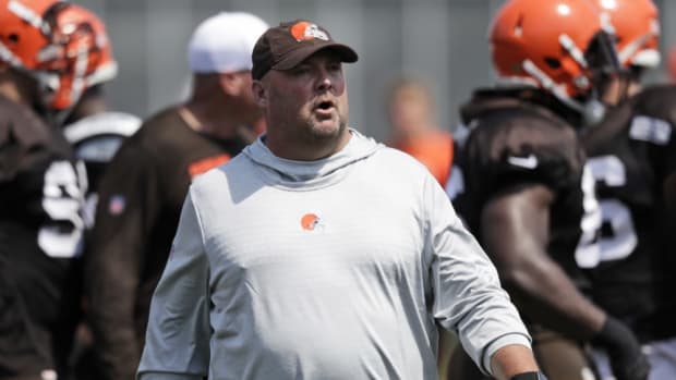 Cleveland Browns head coach Freddie Kitchens watches during practice at the NFL football team's training camp facility, Saturday, July 27, 2019, in Berea, Ohio. (AP Photo/Tony Dejak) ORG XMIT: OHTD10