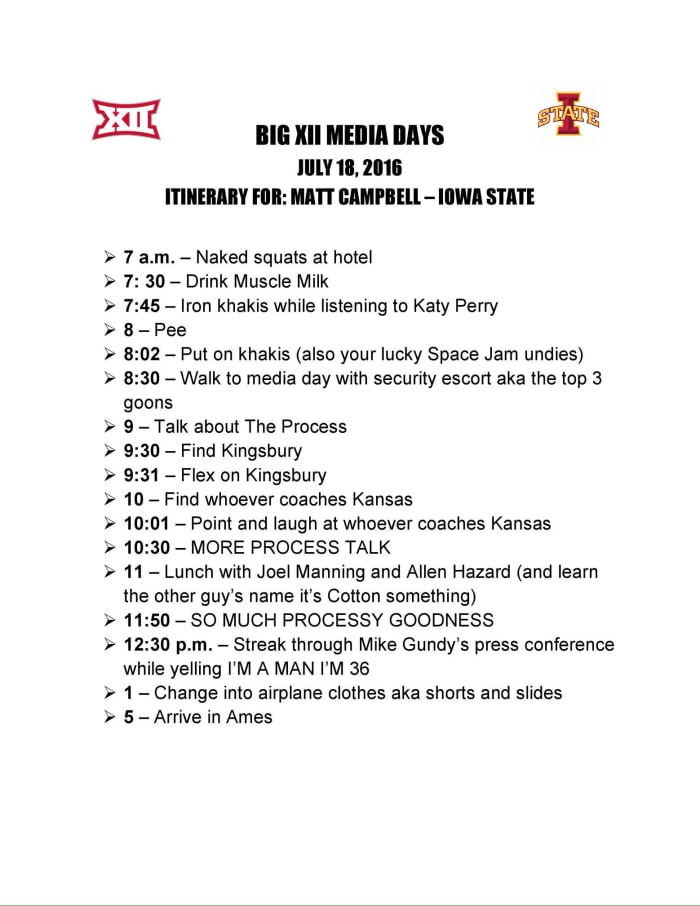 Check out Matt Campbell's leaked schedule for Big 12 media days