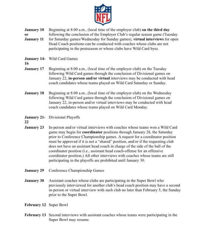 NFL releases timeline for head coaching and coordinator interviews