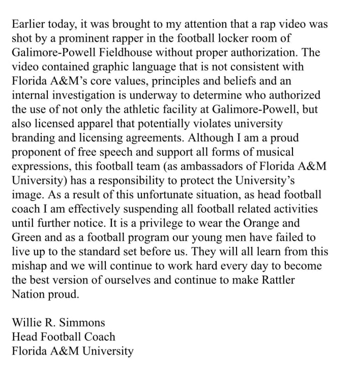 Florida A&M head coach Willie Simmons suspends all football activity ...