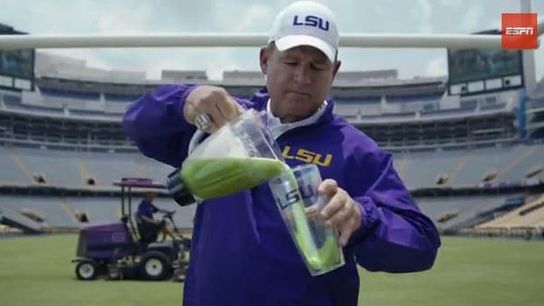 Les Miles downs a grass smoothie in the new ESPN CFB playoff commercial