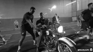 Video: Ohio State had a Harley Davidson themed workout where players pummeled Michigan and MSU dummies (Ohio State)